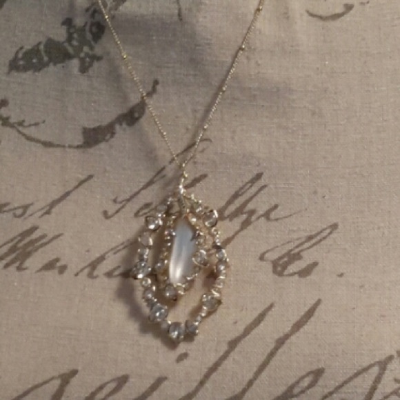 Alexis Bittar Frosted White Lucite with Crystals Necklace in gold setting.